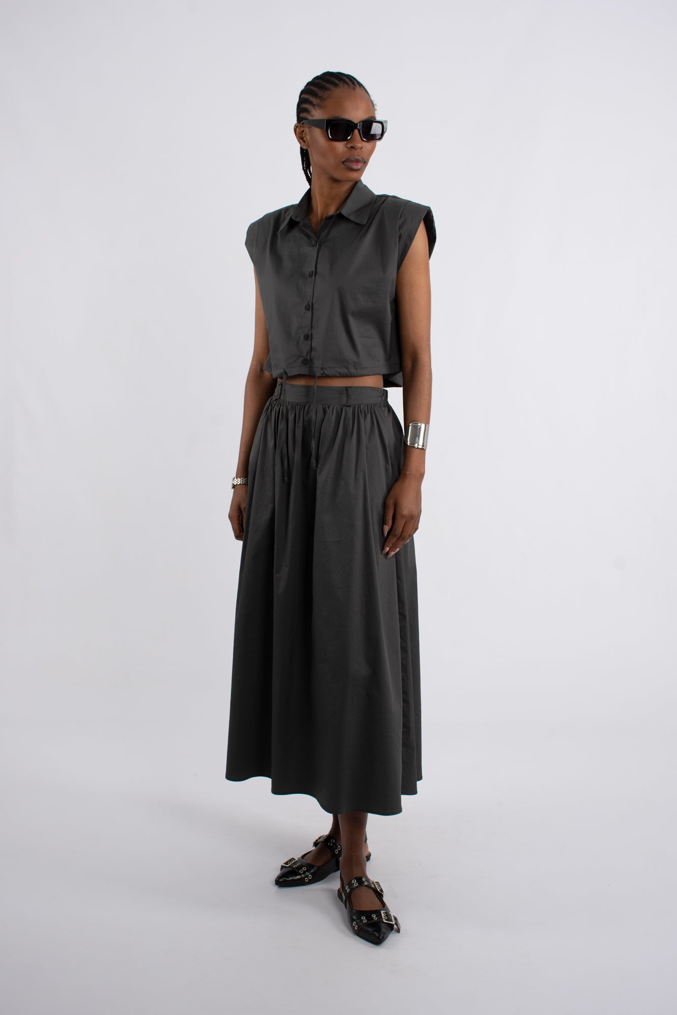 Cotton Gathered Midi Skirt