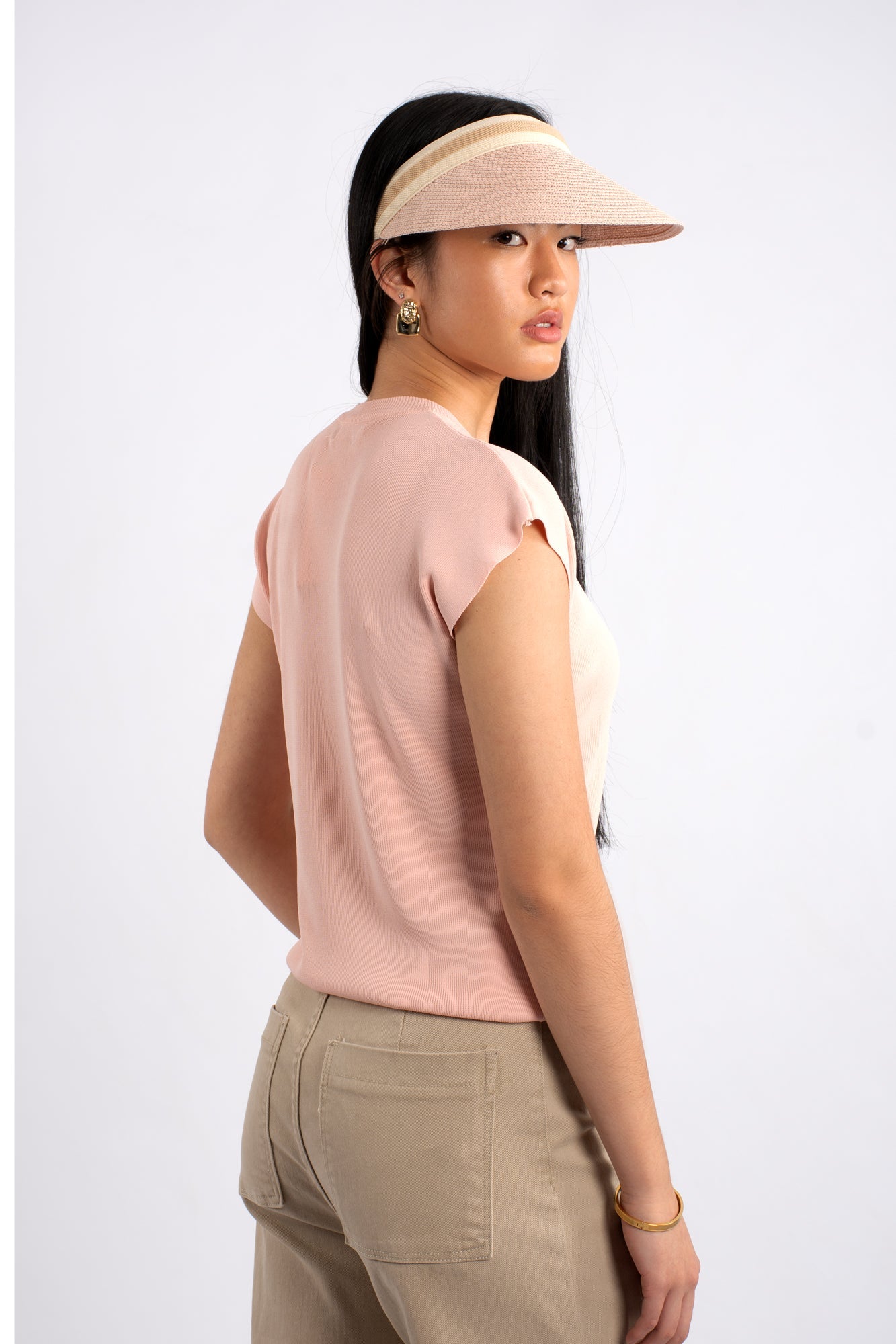 Crew Neck Cap Sleeve Top - Pink