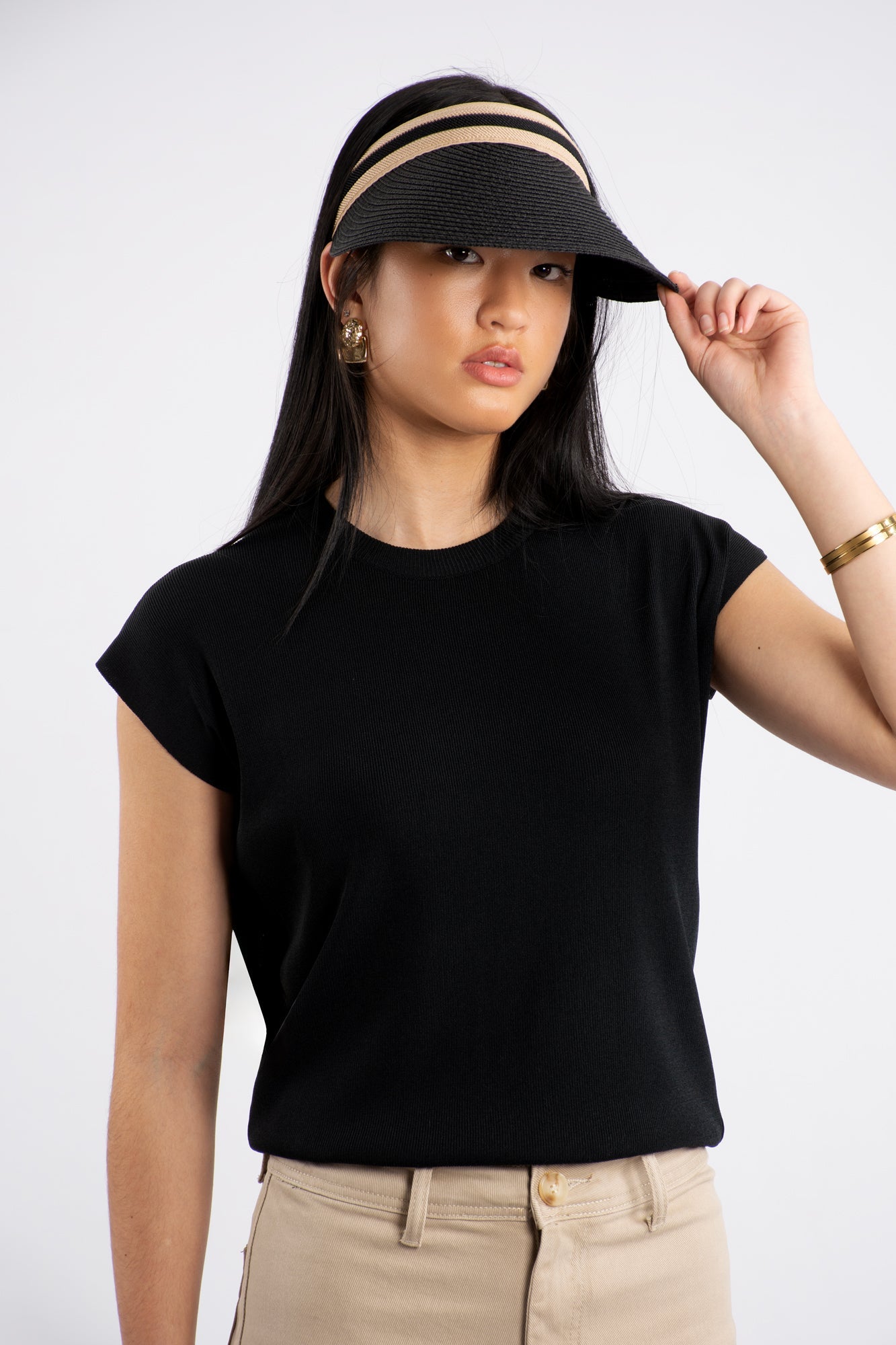 Crew Neck Cap Sleeve Top - Black
