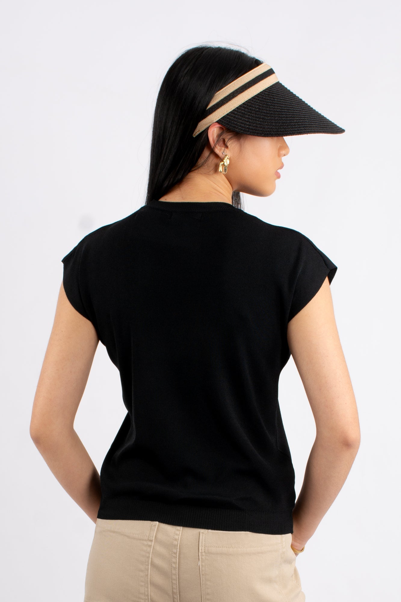 Crew Neck Cap Sleeve Top - Black