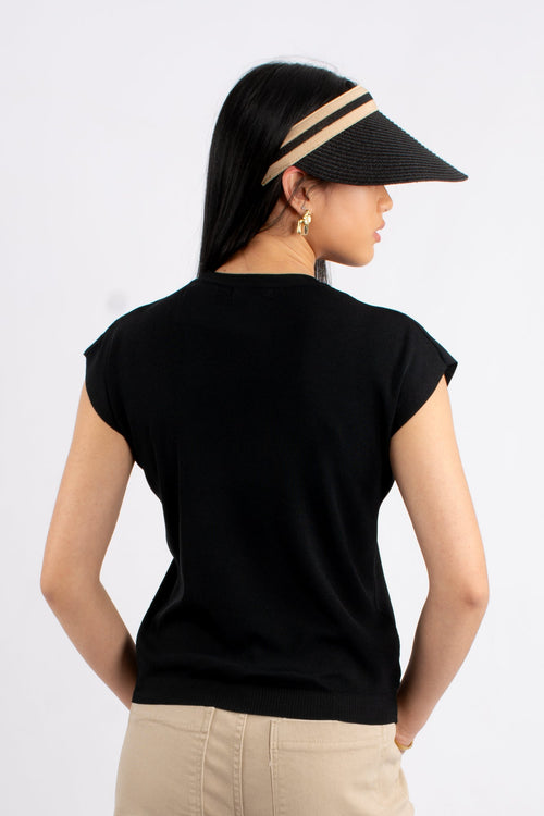 Crew Neck Cap Sleeve Top - Black