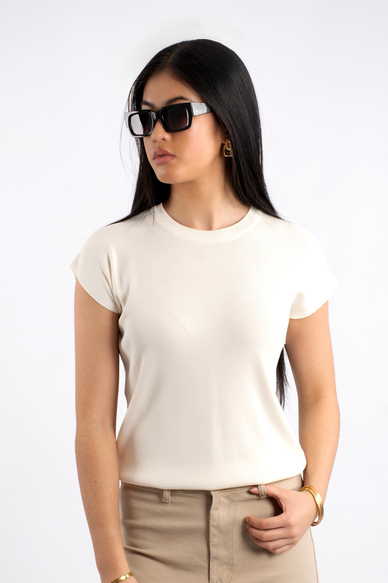 Crew Neck Cap Sleeve Top - Cream