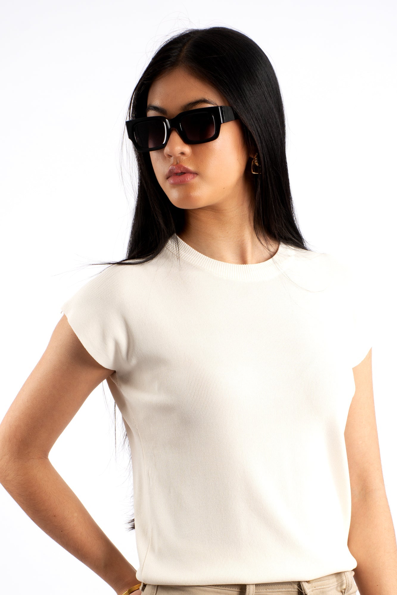 Crew Neck Cap Sleeve Top - Cream